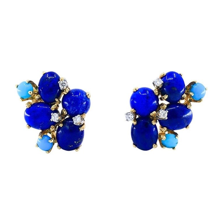 Vintage 14k Gold Lapis Lazuli Turquoise Diamond Brooch & Earrings Set - 10