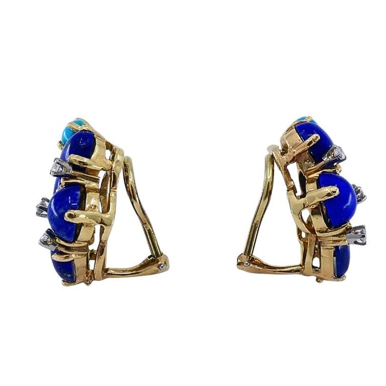 Vintage 14k Gold Lapis Lazuli Turquoise Diamond Brooch & Earrings Set - 11