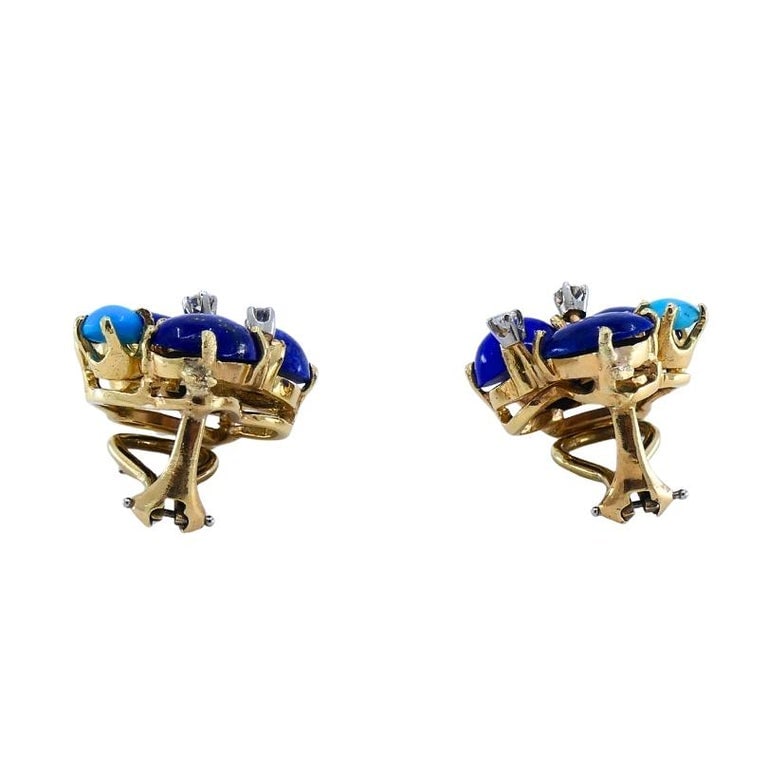 Vintage 14k Gold Lapis Lazuli Turquoise Diamond Brooch & Earrings Set - 13