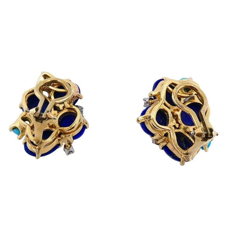 Vintage 14k Gold Lapis Lazuli Turquoise Diamond Brooch & Earrings Set - 14