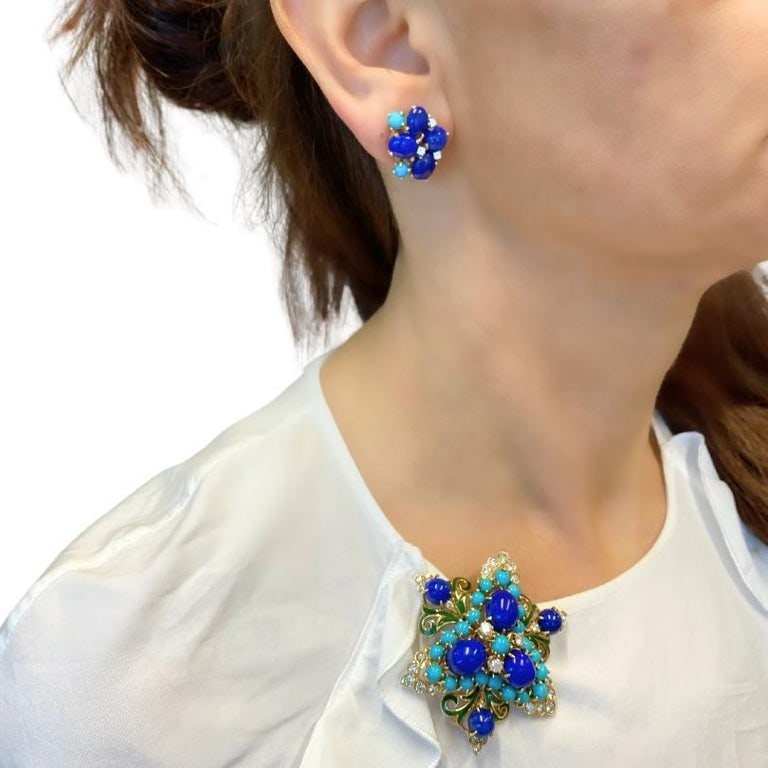 Vintage 14k Gold Lapis Lazuli Turquoise Diamond Brooch & Earrings Set - 2