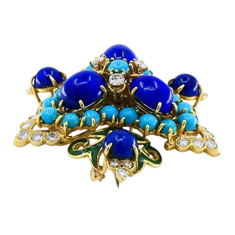 Vintage 14k Gold Lapis Lazuli Turquoise Diamond Brooch & Earrings Set - 5