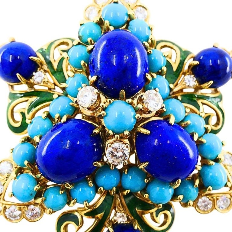 Vintage 14k Gold Lapis Lazuli Turquoise Diamond Brooch & Earrings Set - 6