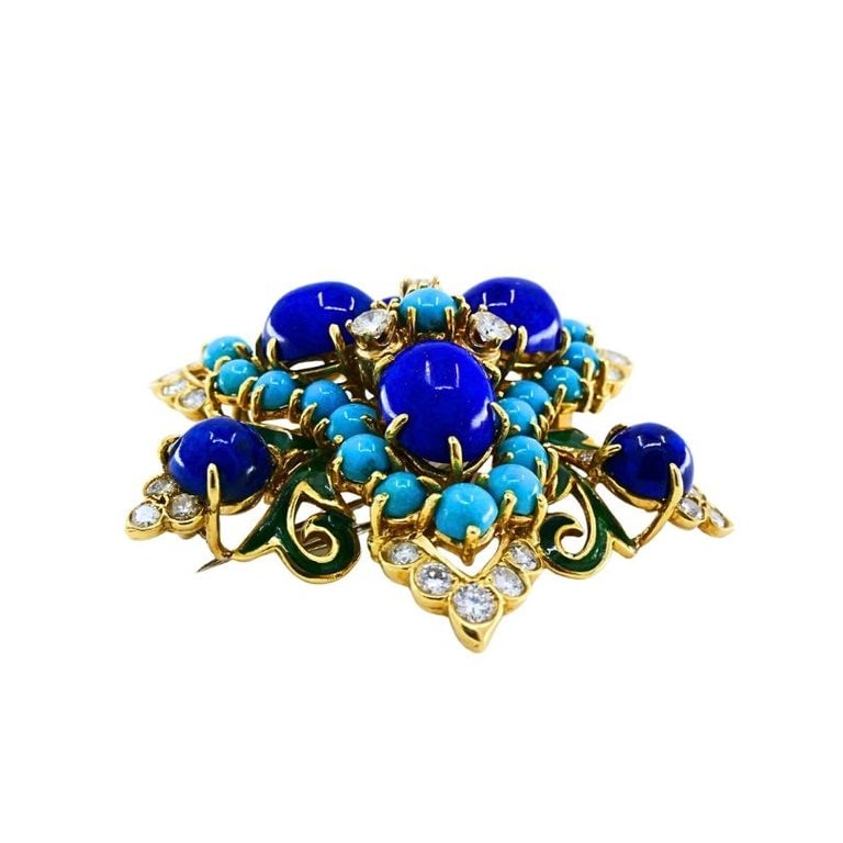 Vintage 14k Gold Lapis Lazuli Turquoise Diamond Brooch & Earrings Set - 7
