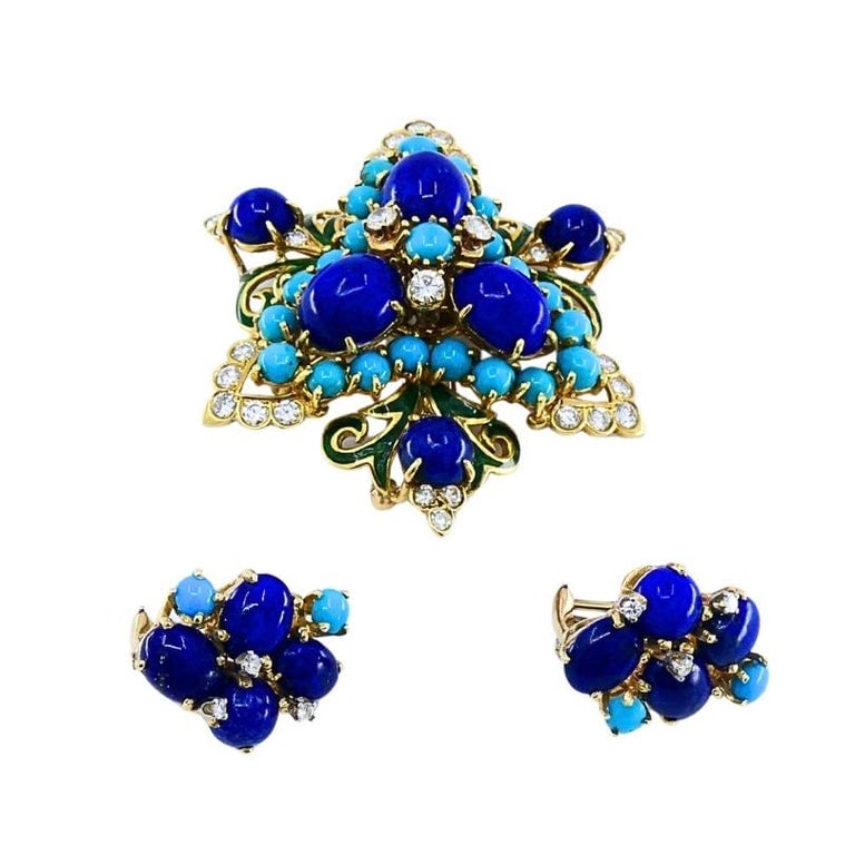 Vintage 14k Gold Lapis Lazuli Turquoise Diamond Brooch & Earrings Set - 9