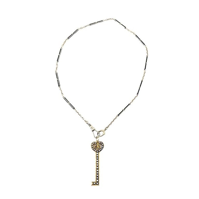 14k Gold Key Pendant Necklace Pearls and Black Enamel - 3