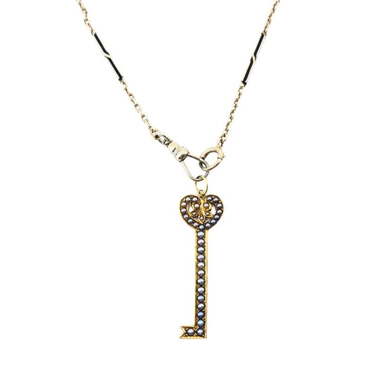14k Gold Key Pendant Necklace Pearls and Black Enamel - 4