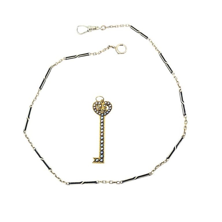 14k Gold Key Pendant Necklace Pearls and Black Enamel - 5