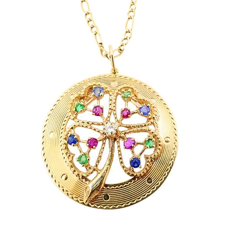 14K Gold Gemstones Clover Pendant Necklace - 3