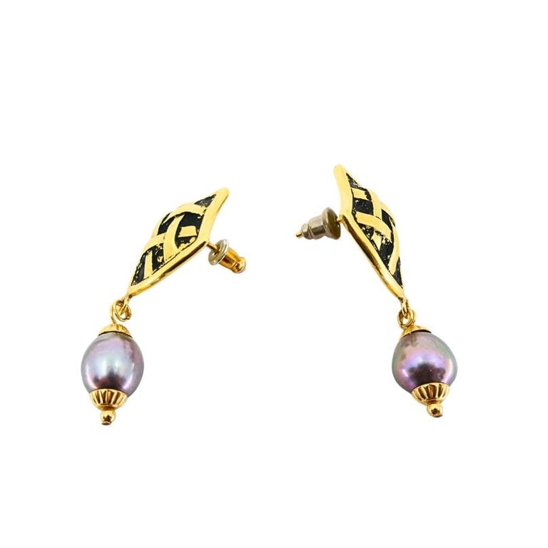 18K Gold Tahitian Pearl Drop Earrings - 6