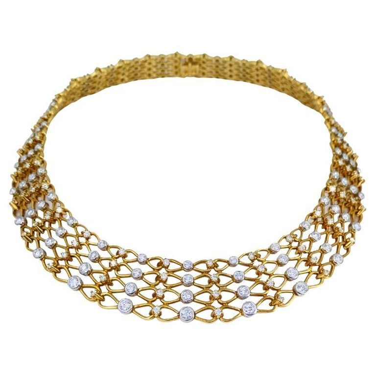 Vintage Tiffany & Co. Collar Necklace Gold Platinum Diamond Estate Jewelry: Title: Vintage Tiffany & Co. Collar Necklace Gold Platinum Diamond Estate Jewelry Description: This vintage Tiffany & Co. necklace is designed in a wide collar style, crafted of 18k yellow gold with