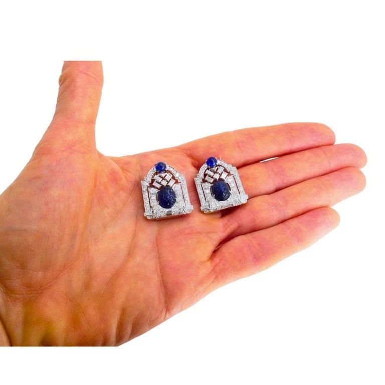 Vintage French Platinum Diamond Clips Carved Sapphire Estate Jewelry - 5