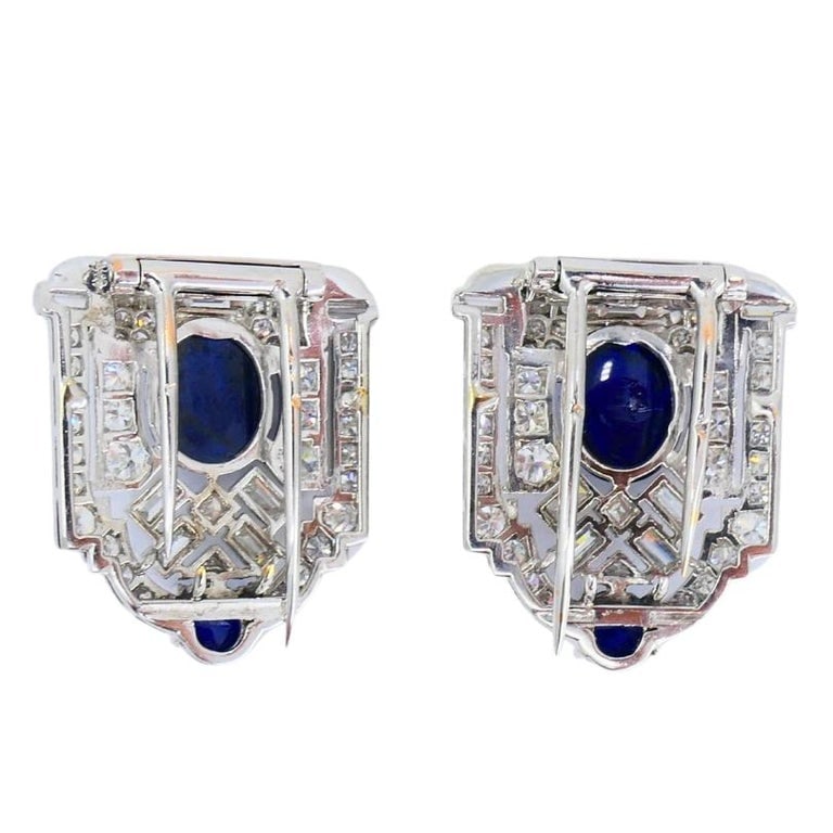 Vintage French Platinum Diamond Clips Carved Sapphire Estate Jewelry - 6