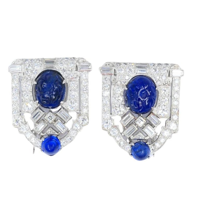 Vintage French Platinum Diamond Clips Carved Sapphire Estate Jewelry - 7