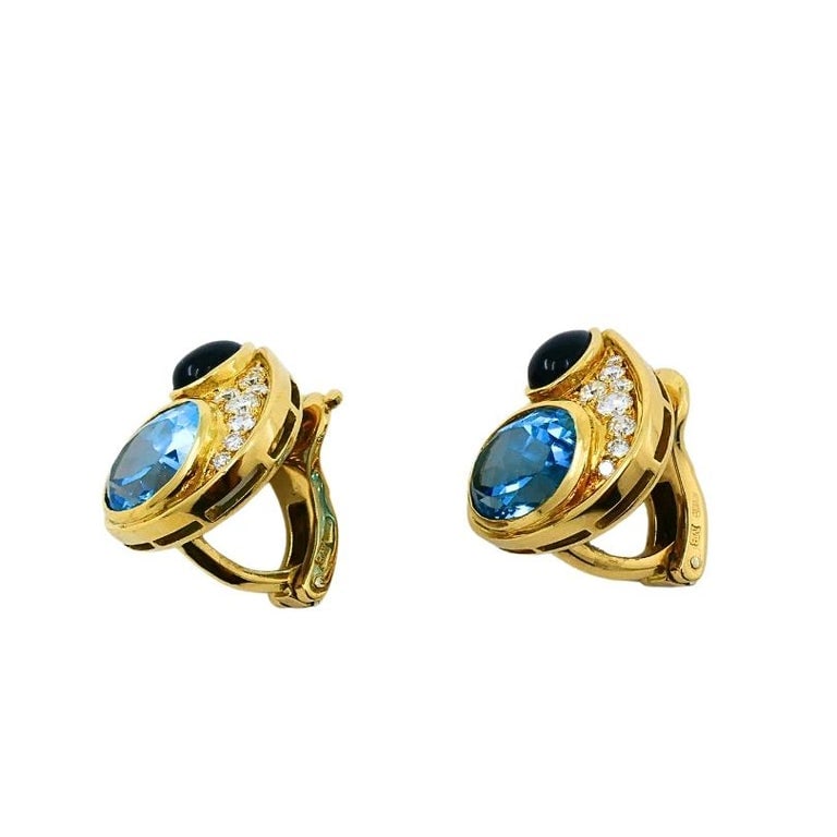 Marina B 18k Gold Topaz Onyx & Diamond Clip-On Earrings - 3