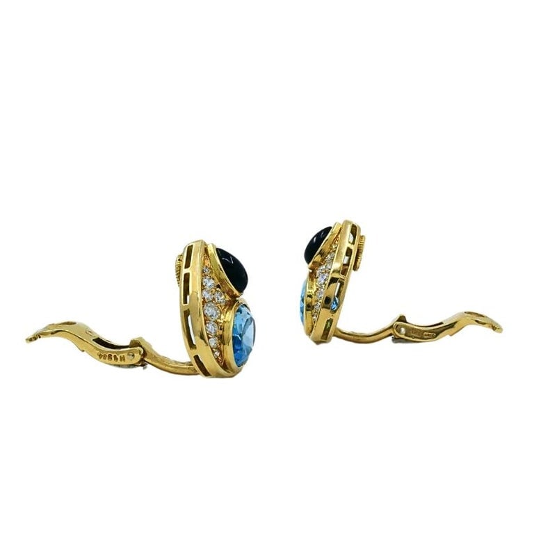 Marina B 18k Gold Topaz Onyx & Diamond Clip-On Earrings - 5