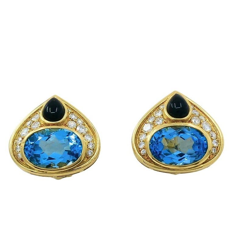 Marina B 18k Gold Topaz Onyx & Diamond Clip-On Earrings - 6
