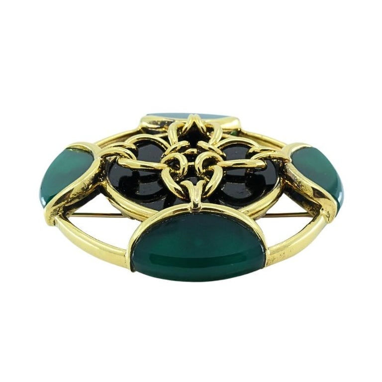 Vintage Tiffany & Co. Brooch Chrysoprase 18k Gold Onyx - 3