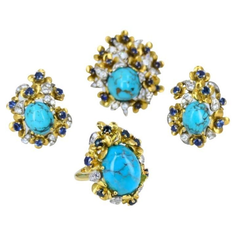 Kern Jewelry Set Gold Turquoise Cabochon Sapphire Diamond (1 of 14)