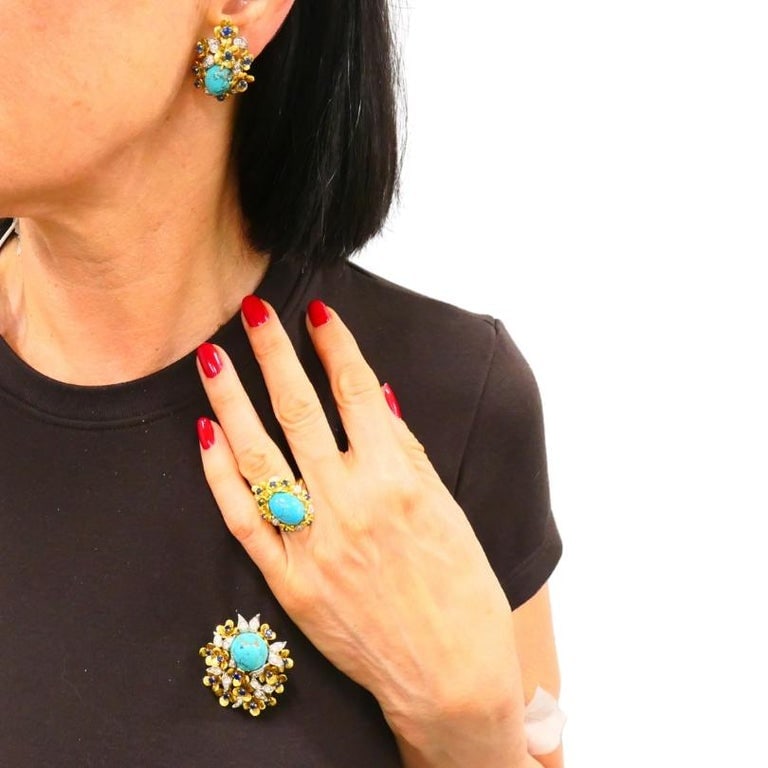 Kern Jewelry Set Gold Turquoise Cabochon Sapphire Diamond - 2