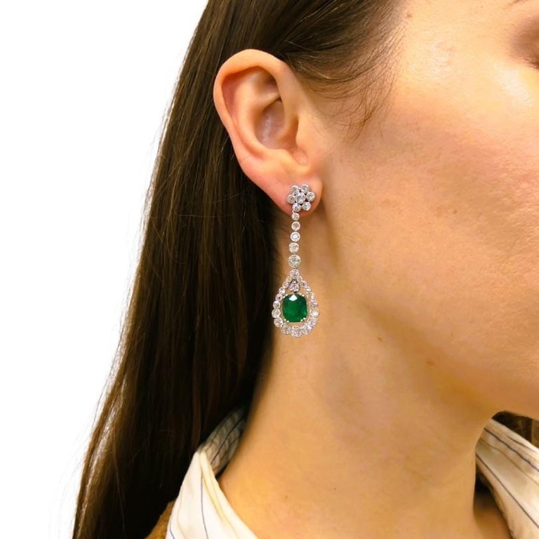 Art Deco Drop Earrings Platinum Diamond Emerald Cushion Cut Estate Jewelry - 2