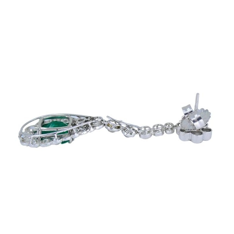 Art Deco Drop Earrings Platinum Diamond Emerald Cushion Cut Estate Jewelry - 3
