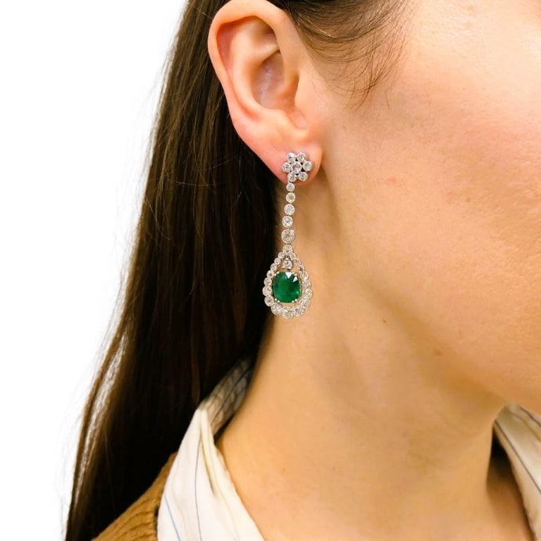 Art Deco Drop Earrings Platinum Diamond Emerald Cushion Cut Estate Jewelry - 7