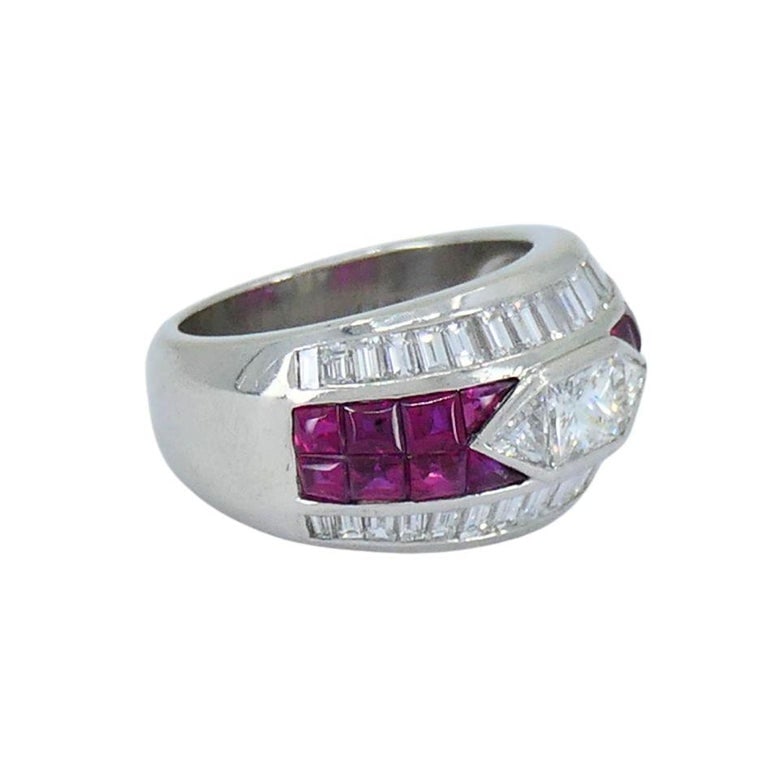 1960s Ruby Diamond Platinum Dome Ring 6.5 - 7