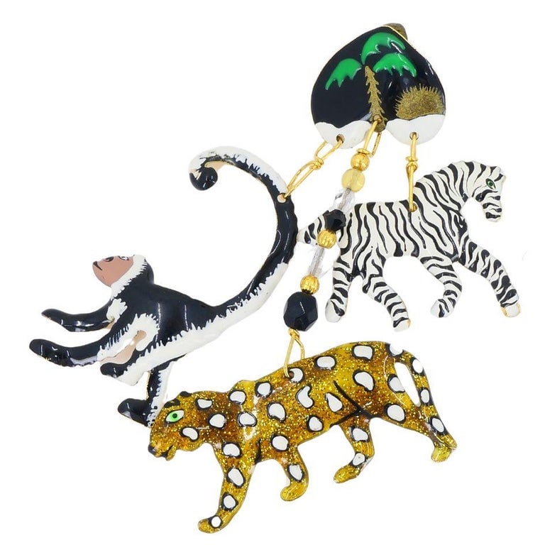1990 Lunch At The Ritz Carte Du Jour African Animal Gold Silver Clip Earrings - 10