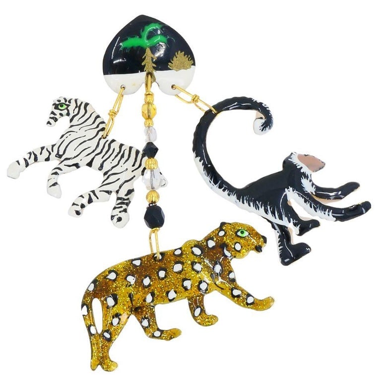 1990 Lunch At The Ritz Carte Du Jour African Animal Gold Silver Clip Earrings - 11