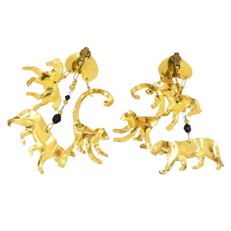 1990 Lunch At The Ritz Carte Du Jour African Animal Gold Silver Clip Earrings - 13