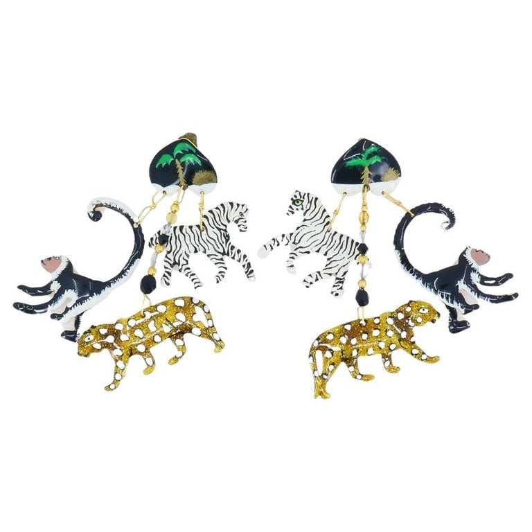 1990 Lunch At The Ritz Carte Du Jour African Animal Gold Silver Clip Earrings (1 of 17)