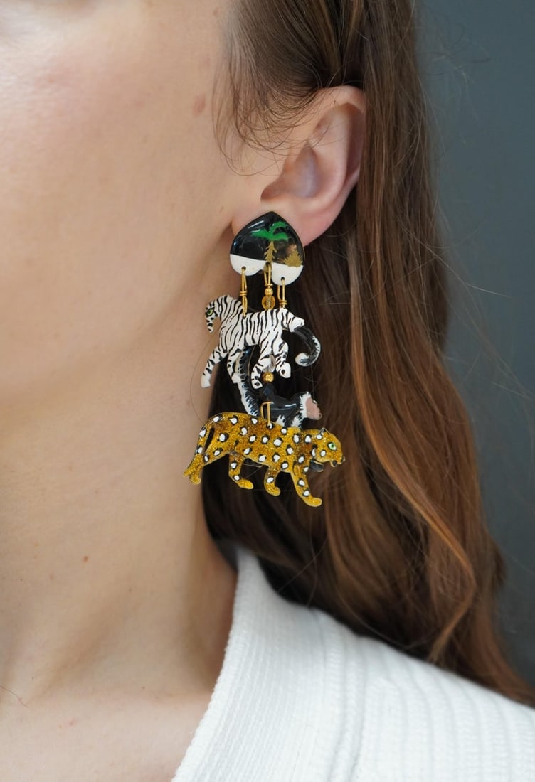 1990 Lunch At The Ritz Carte Du Jour African Animal Gold Silver Clip Earrings - 2