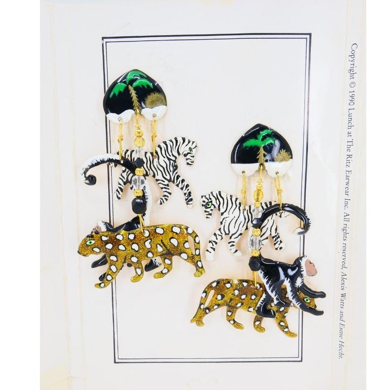 1990 Lunch At The Ritz Carte Du Jour African Animal Gold Silver Clip Earrings - 5