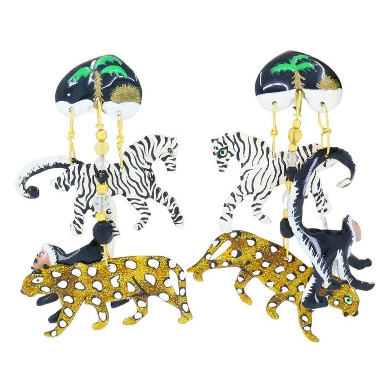 1990 Lunch At The Ritz Carte Du Jour African Animal Gold Silver Clip Earrings - 8