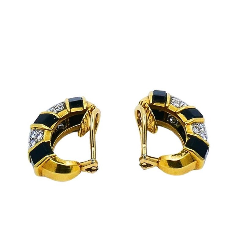 Tiffany & Co. 18k Gold Onyx Diamond Hoop Earrings - 3