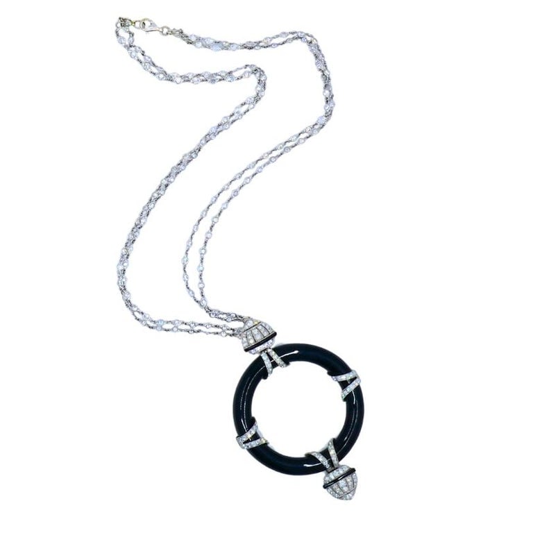 Art Deco Platinum Onyx Pendant on Modern Gold Diamond Chain Necklace - 2