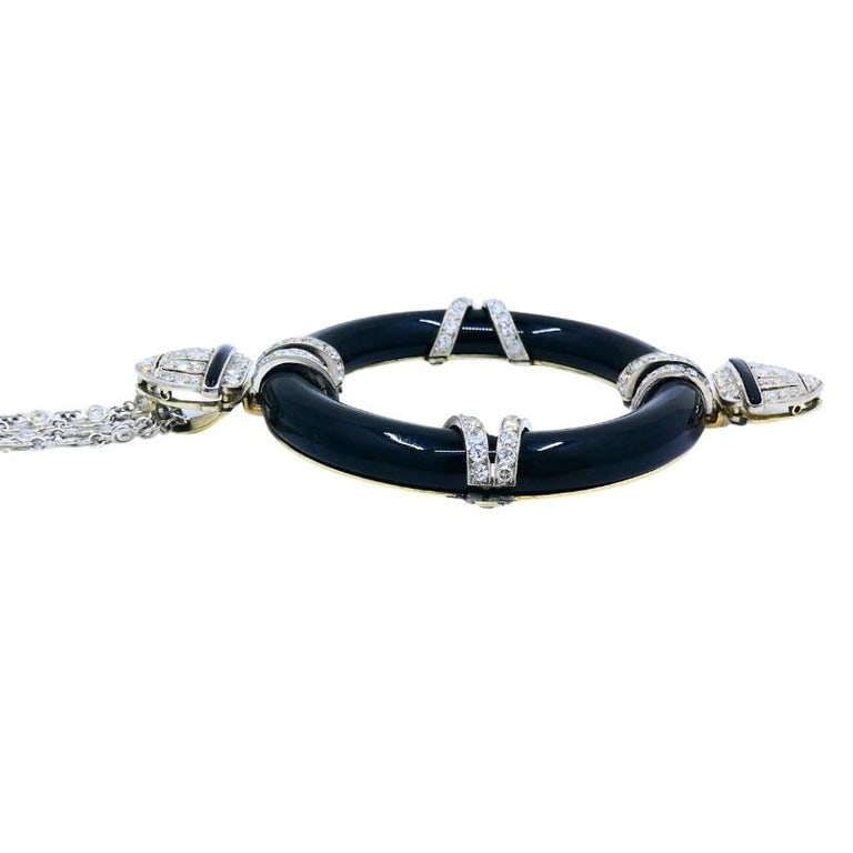 Art Deco Platinum Onyx Pendant on Modern Gold Diamond Chain Necklace - 5
