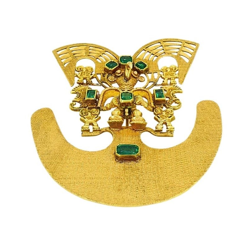 18k Gold Brooch/Pendant Emeralds Pre-Columbian Jewelry - 5