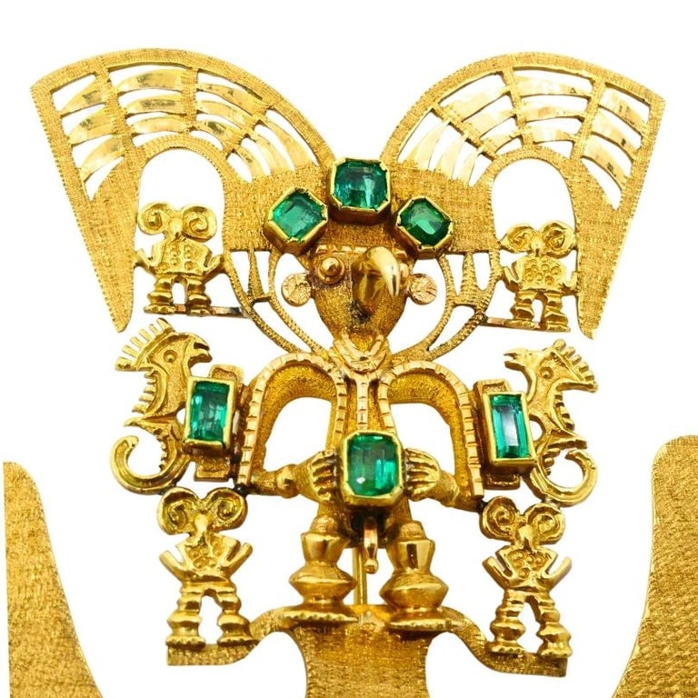 18k Gold Brooch/Pendant Emeralds Pre-Columbian Jewelry - 7