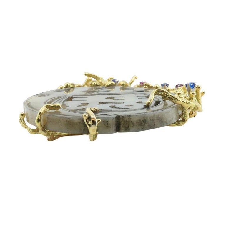 Artisan 1980s Signed 14k Gold Jade Sapphire Ruby Pin Brooch - 5