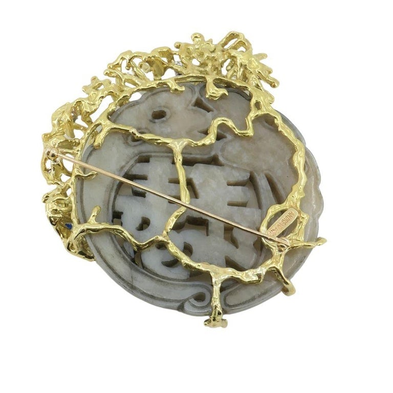 Artisan 1980s Signed 14k Gold Jade Sapphire Ruby Pin Brooch - 9