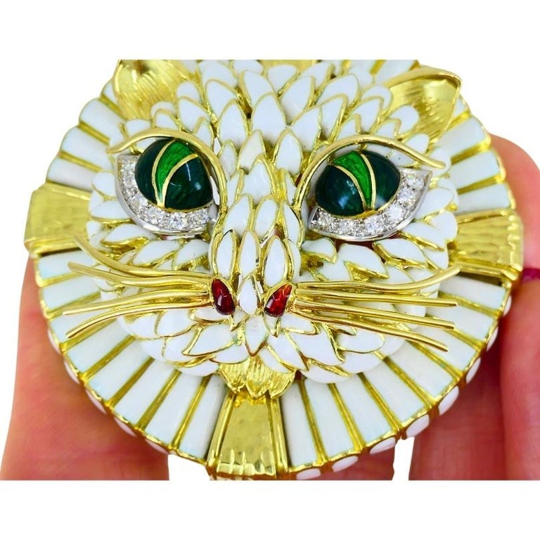 Vintage David Webb Cat Brooch Pendant 18k Gold Enamel Diamond Estate Jewelry - 2