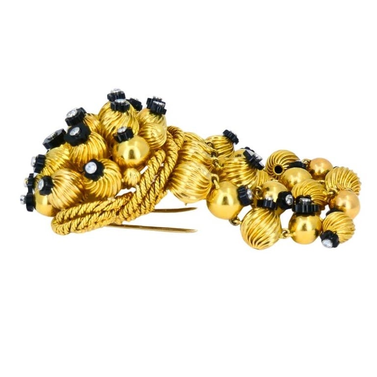 Onyx Gold Bead Brooch 18k Retro Jewelry Signed OSL - 4