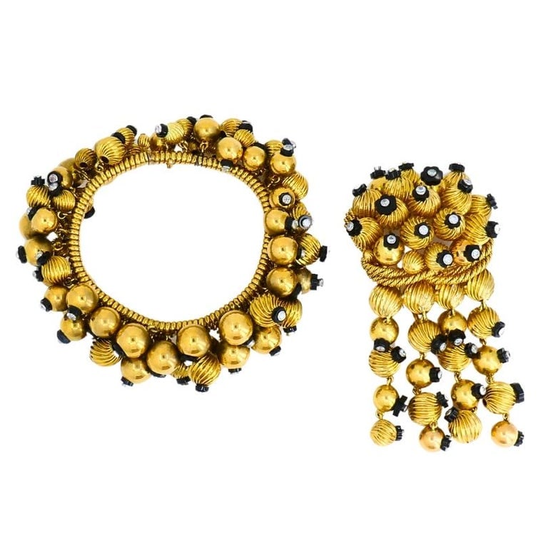 Onyx Gold Bead Brooch 18k Retro Jewelry Signed OSL - 8
