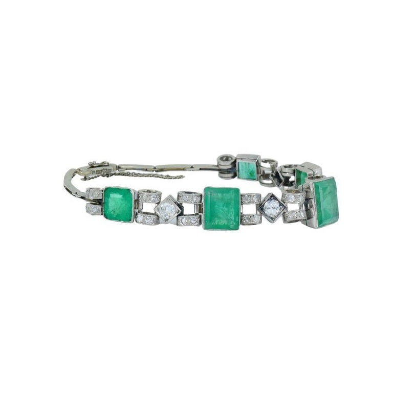 Victorian 18k White Gold Emerald Diamond Bracelet - 2