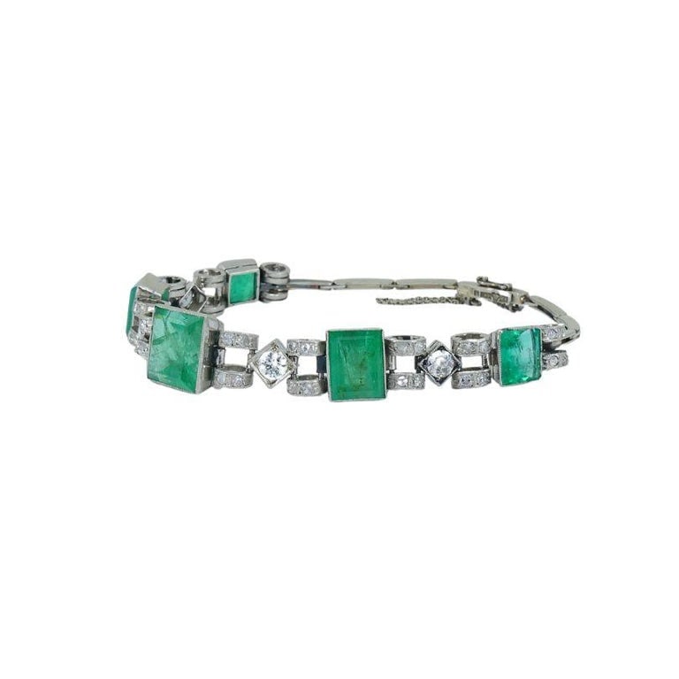 Victorian 18k White Gold Emerald Diamond Bracelet - 3