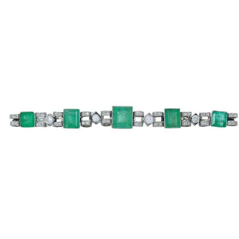 Victorian 18k White Gold Emerald Diamond Bracelet - 4