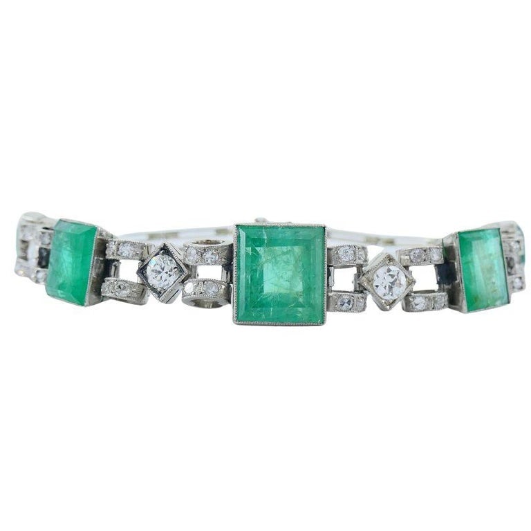 Victorian 18k White Gold Emerald Diamond Bracelet - 5