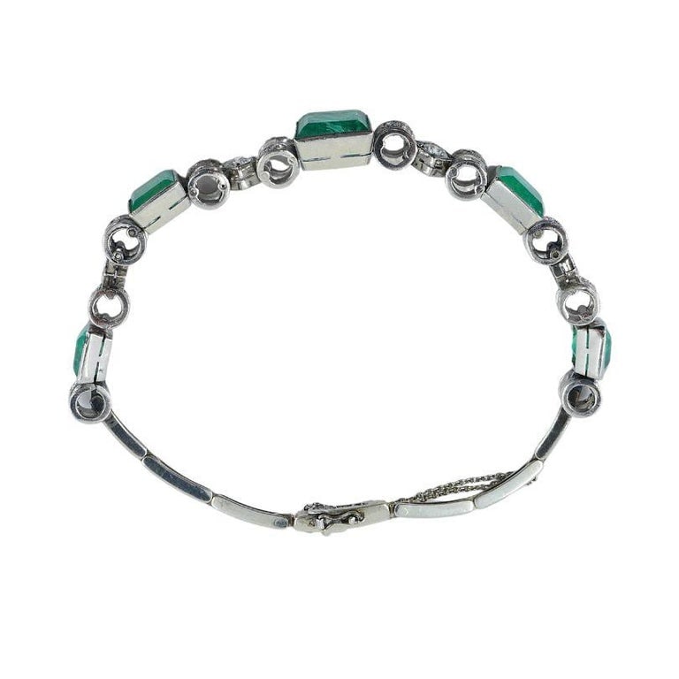 Victorian 18k White Gold Emerald Diamond Bracelet - 6